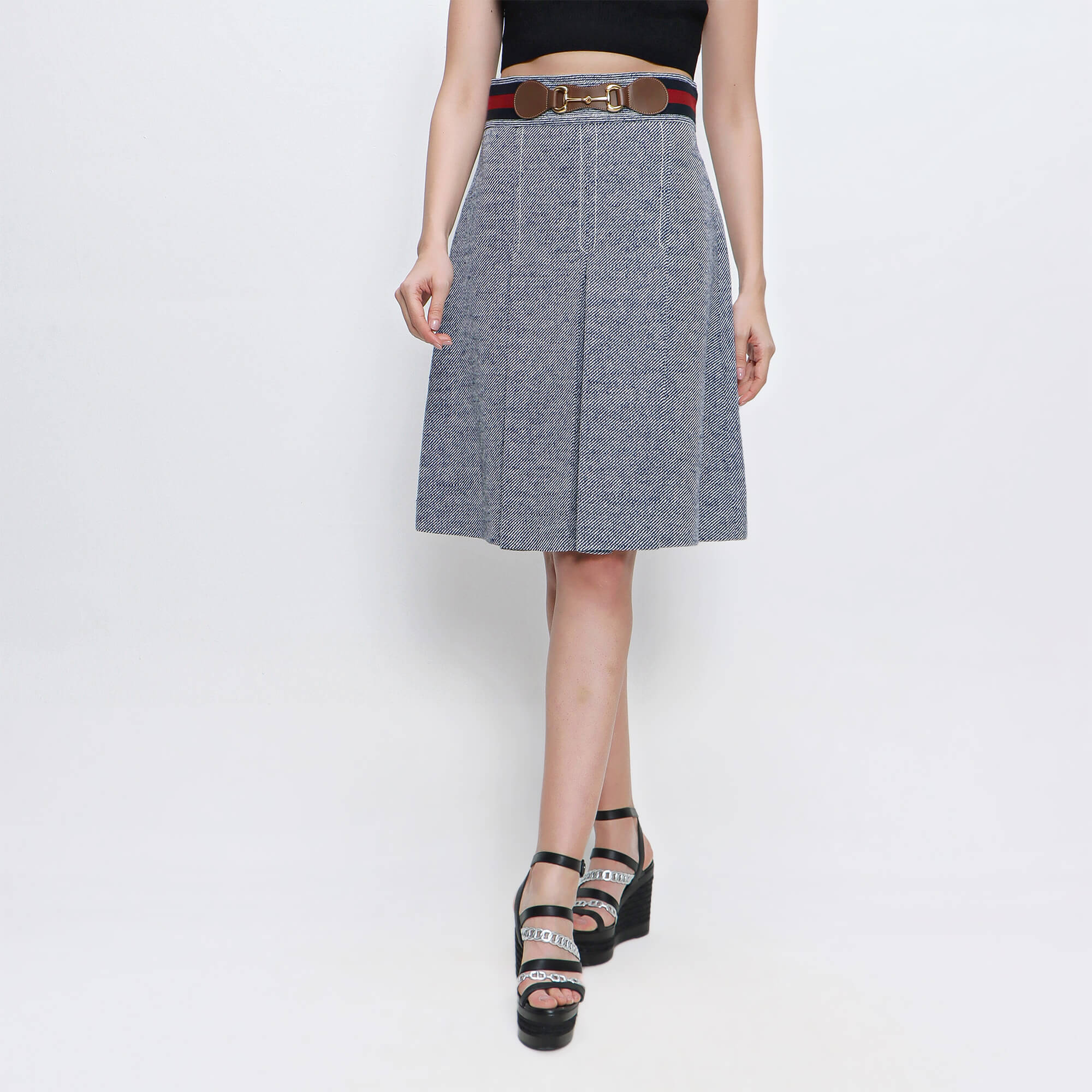 Gucci - Navy Horsebit Detailed Leather Trimmed Pleated Woven Skirt 